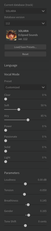 SV voice parameters panel