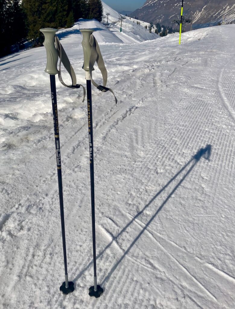 My ski poles, standing up, stuck in the snow