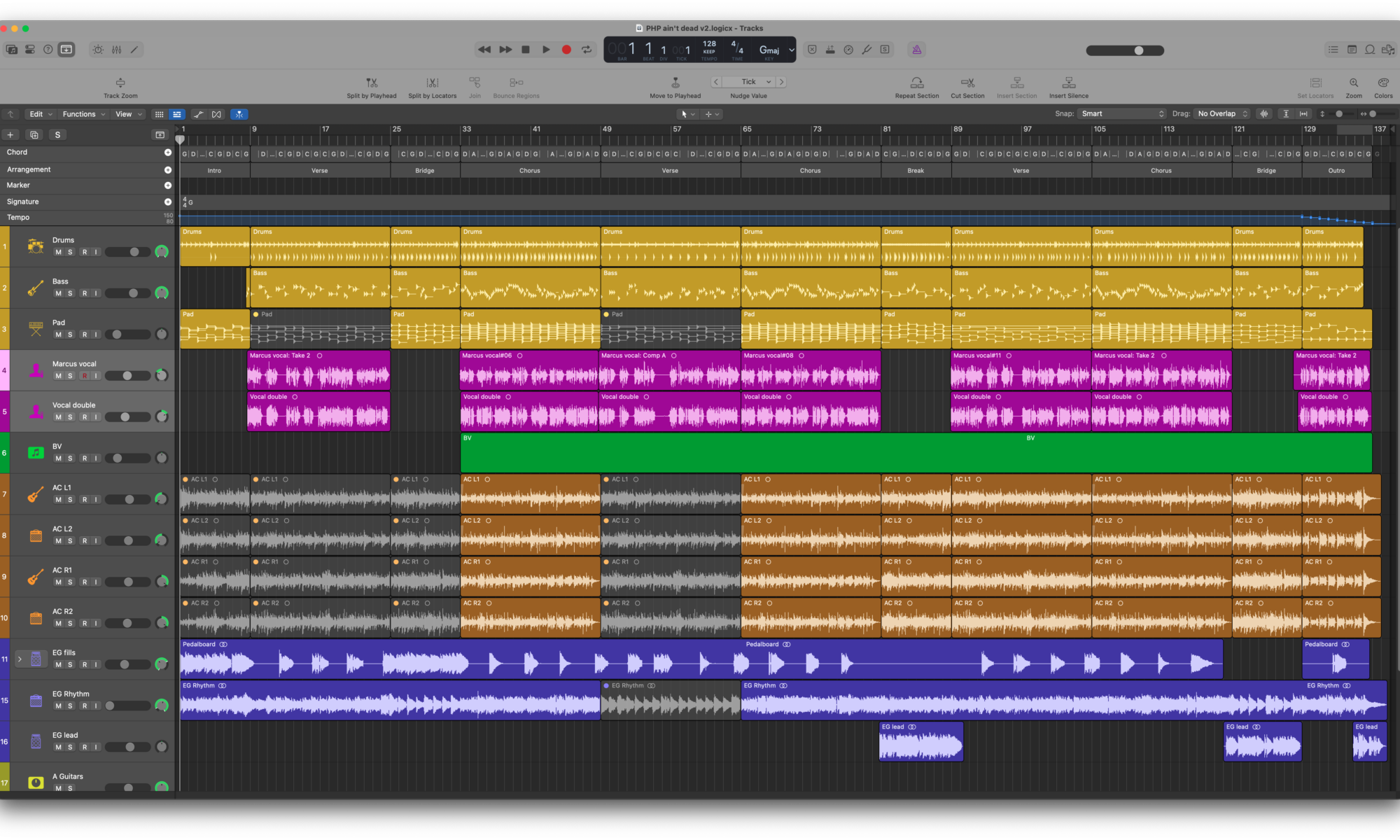 Logic's arrange view for "PHP ain't dead"