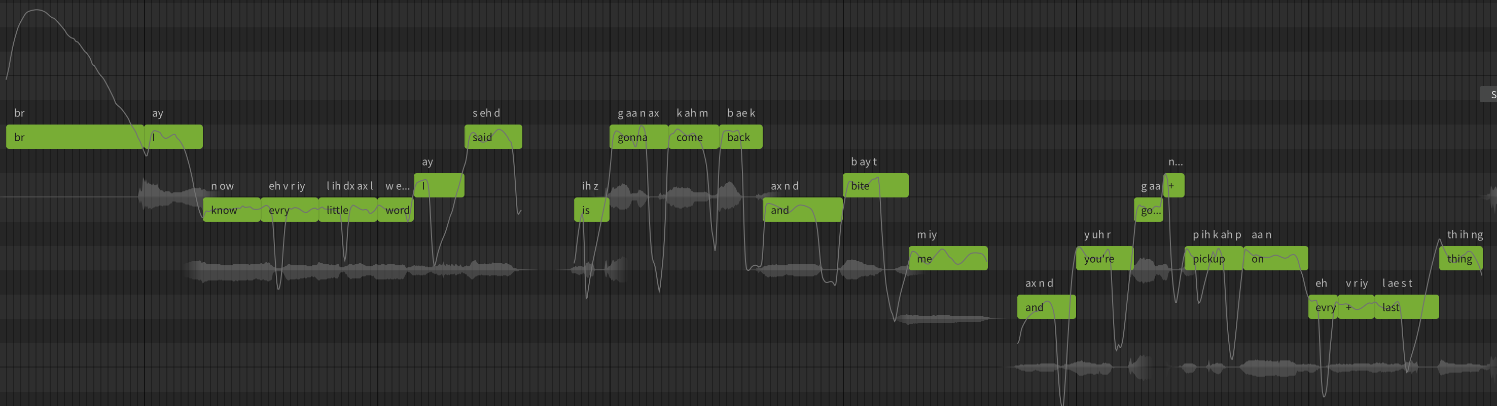 A screen shot of Synthesizer V's grid editor showing the notes, lyrics, phonemes, and pitch curves from the fast break section. Note the first "note" is actually a breath, not a sung note.