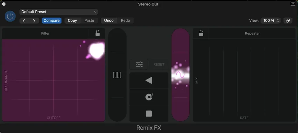 Screen shot of Logic's Remix FX, showing it in action during the ending, using a high-pass filter and bit crushing effects.