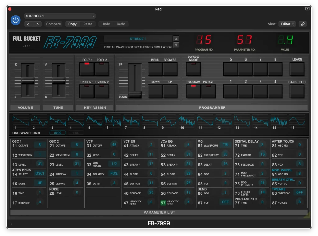 A screen shot of Full Bucket's FB-7999 synth plugin