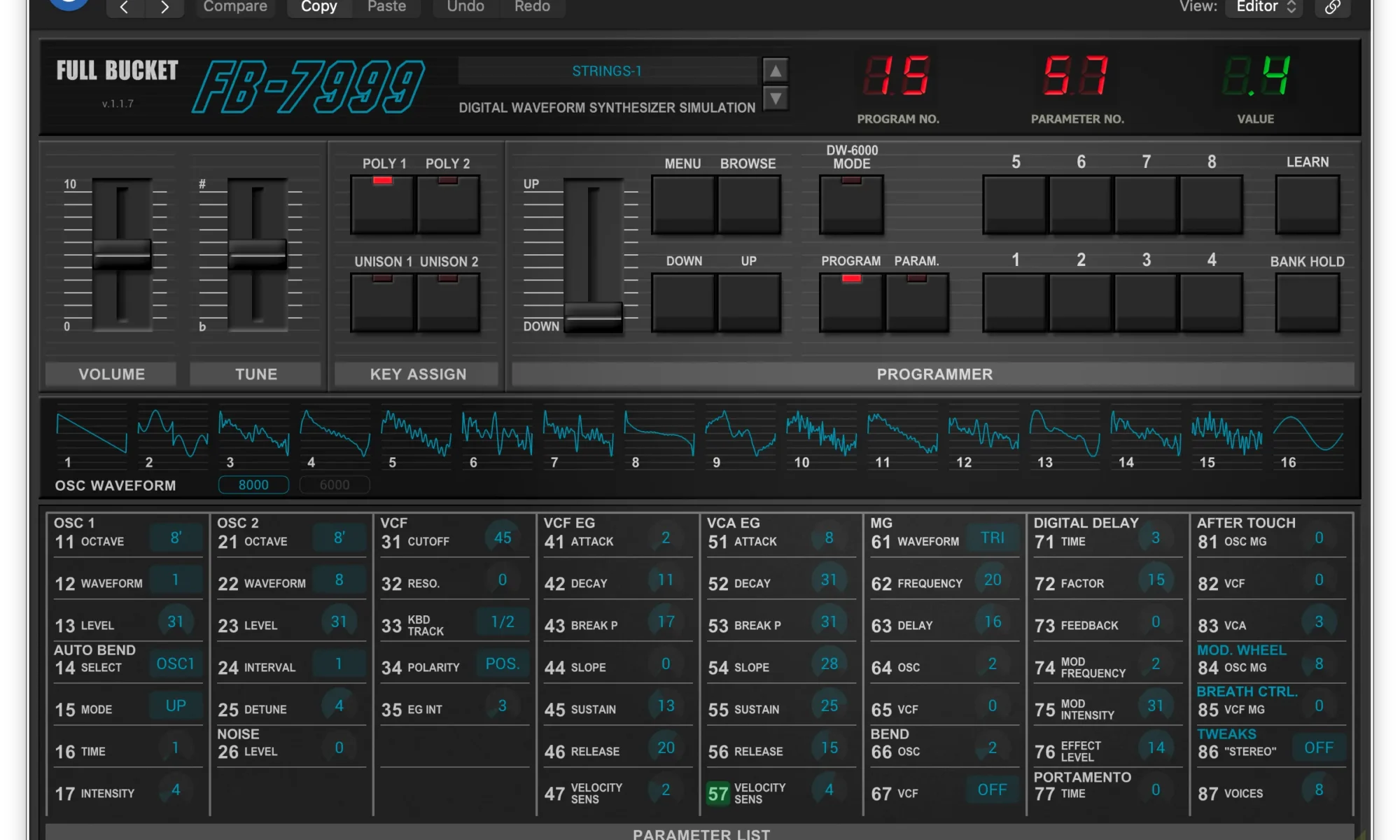 A screen shot of Full Bucket's FB-7999 synth plugin