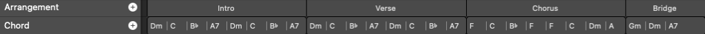 A portion of Logic's arrangement and chord tracks for this song showing sections and chord names, such as Dm C Bb A7, etc