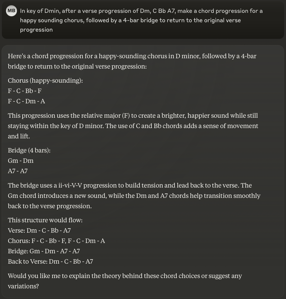 A portion of a chat session with the Claude LLM, showing a request for a "happy" chord sequence to follow the verse, and it providing a suggestion, and describing why it chose those chords.