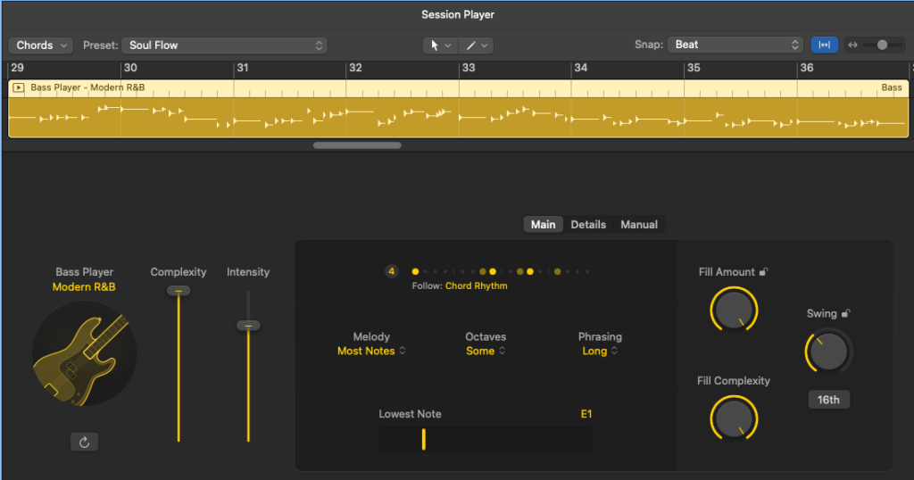 A screen shot of a bass player instrument region and some of its settings including complexity, intensity, and controls for scale notes to use, octave range, phrasing, and fill settings. The top of the image shows a map of the notes it has generated for the current key and chord track.