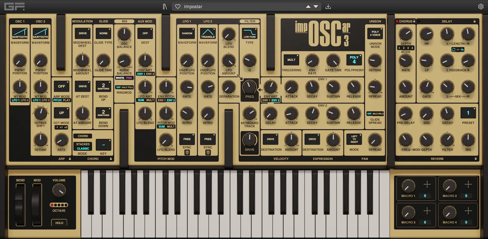 A screen shot of GForce impOSCar version 3, showing the bass patch used in this song.
