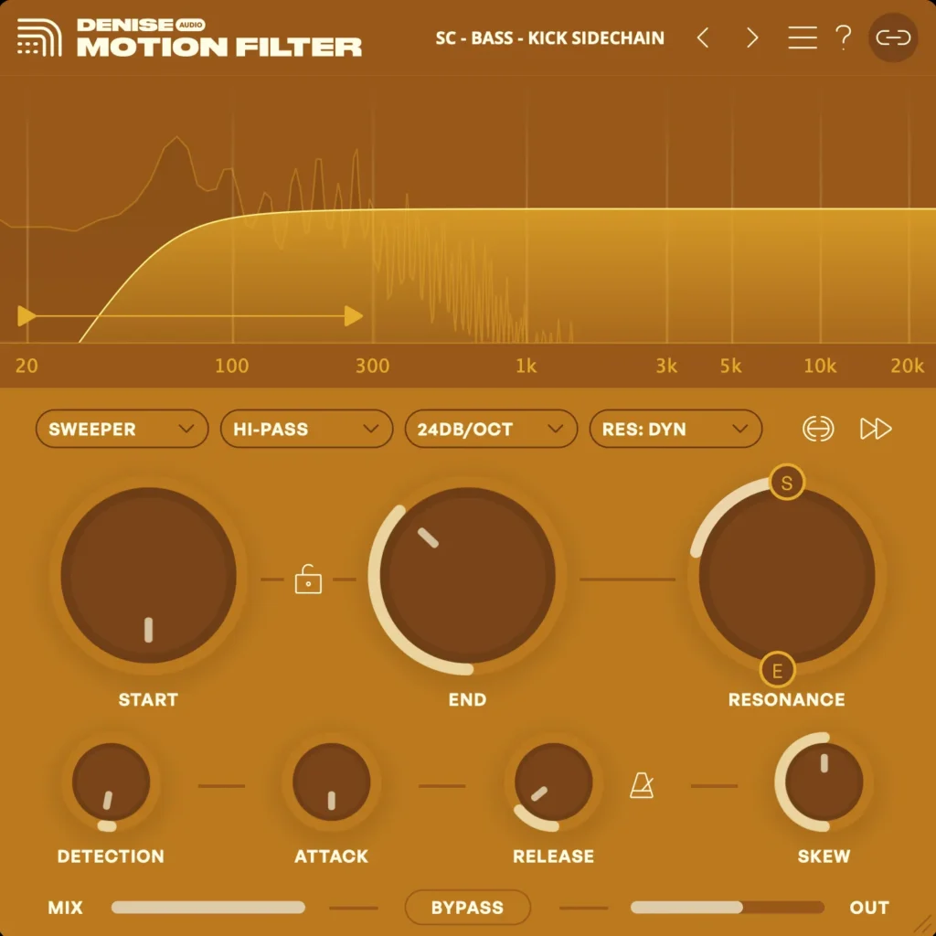 A screen shot of Denise Audio's Motion Filter showing a high-pass filter driven by a side chain from the drum track.