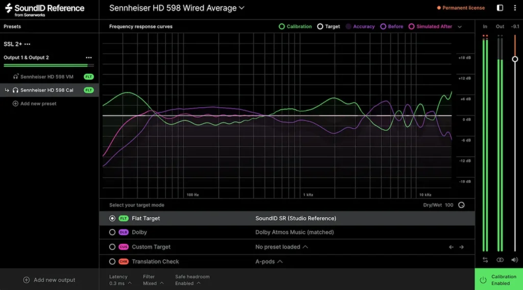 A screen shot of Sonarworks SoundID Reference plugin, showing a calibration curve for my headphones. A purple line shows the original response, a green line shows the applied correction, with bumps in the bass and lower treble ranges, and a white (flat) line shows the result