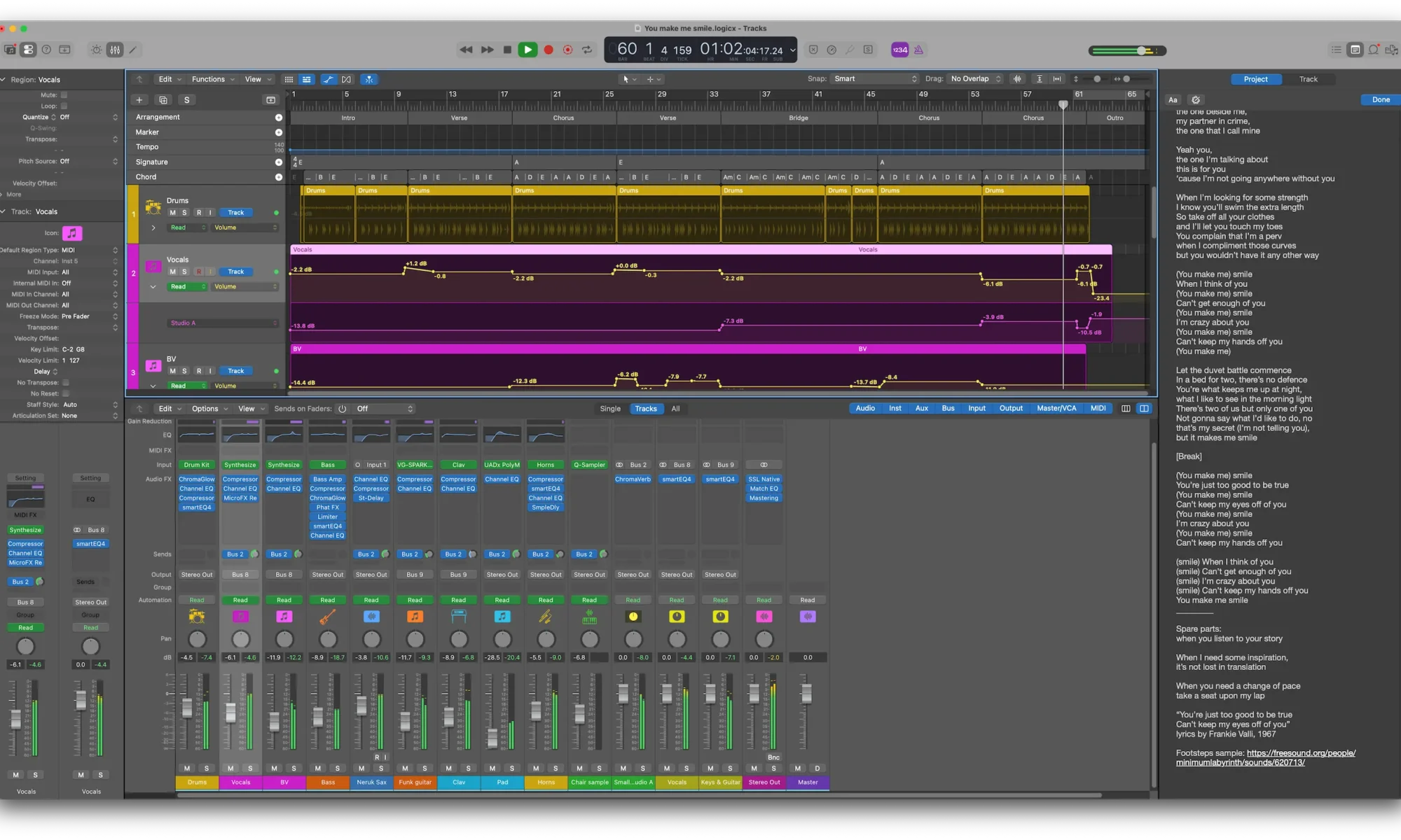 A screen shot of the Apple Logic Pro arrange Window for the song "You make me smile", showing lyrics and track automation